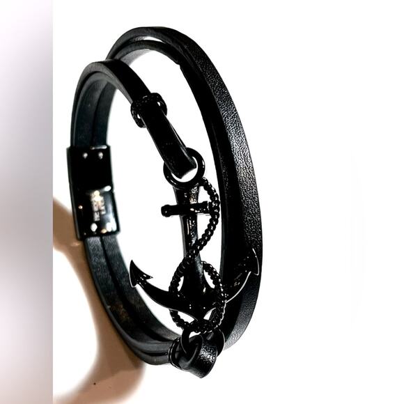 NEW He Rocks Mens BRACELET 8.5” Black Stainless Anchor 4 Leather Wrap Bands - Picture 6 of 7
